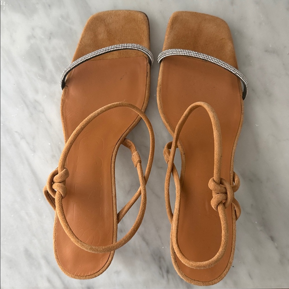 STAUD Tan Suede Strappy Heeled Sandals Rhinestone laurel Crystal heel size 38.5 - Picture 5 of 16